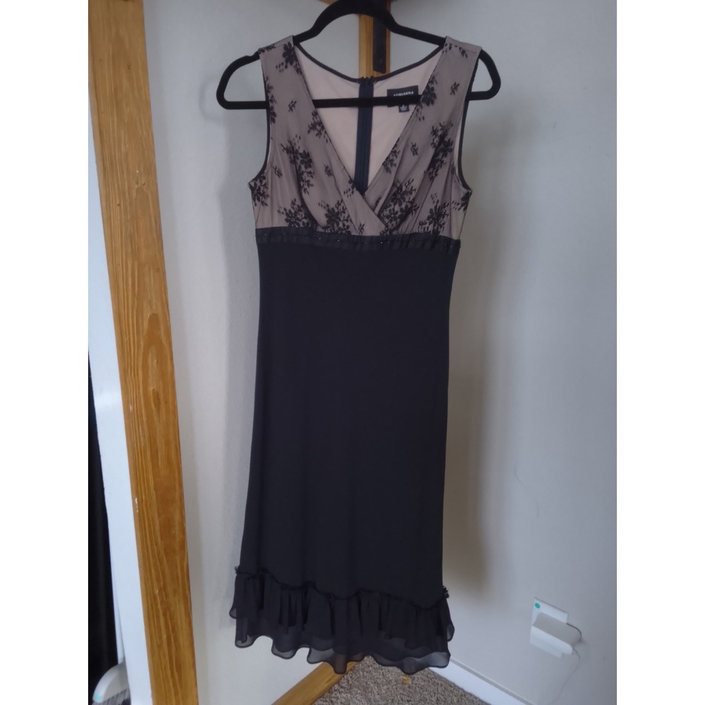 Adrianna Papell Black Lace Empire Waist Ruffle Hem Cocktail Dress Size 6